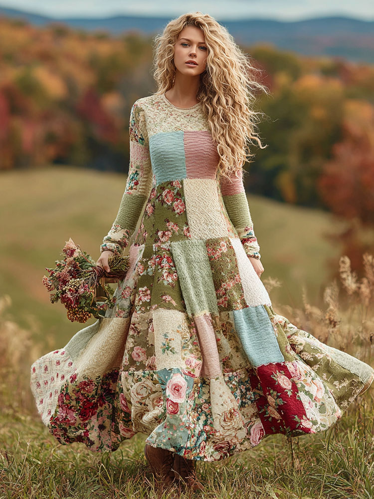 Women's Vintage Floral Patchwork Art Cozy Knit Maxi Sweater Dress