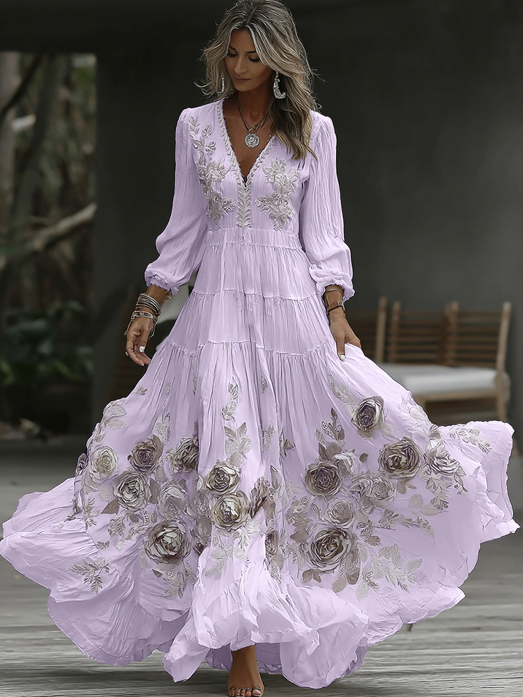 Women's Vintage Rose Embroidery Art V-neck Casual Long Sleeve Maxi Dress