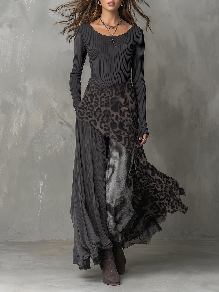 Bohemian Pit Stripe Leopard Print Splicing Irregular Hem Maxi Dress