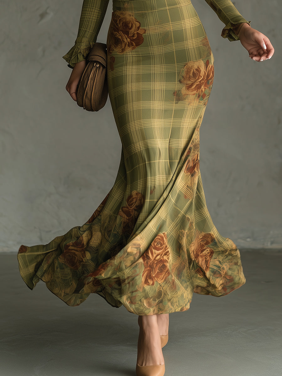 Retro Plaid Rose Print Slim Fit Fishtail Cotton Blend Maxi Dress