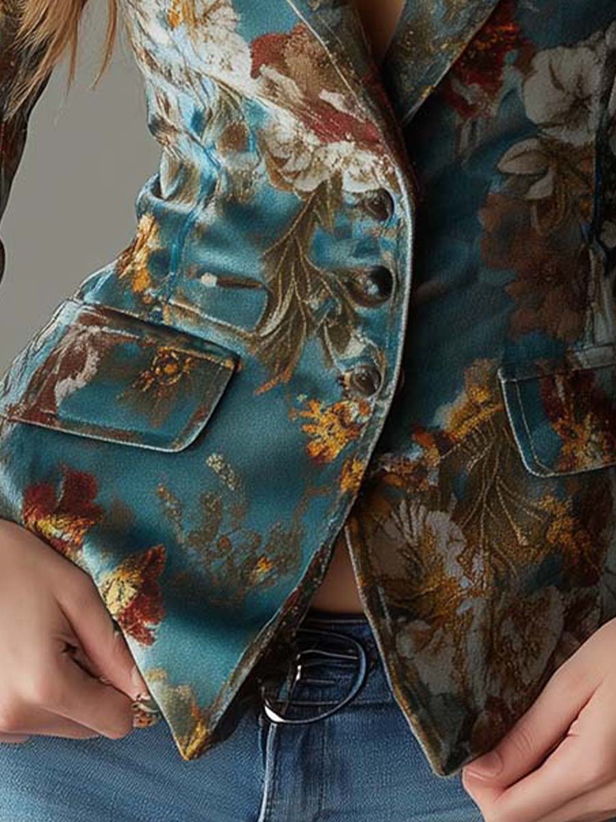 Vintage Teal Floral Velvet Tailored Blazer