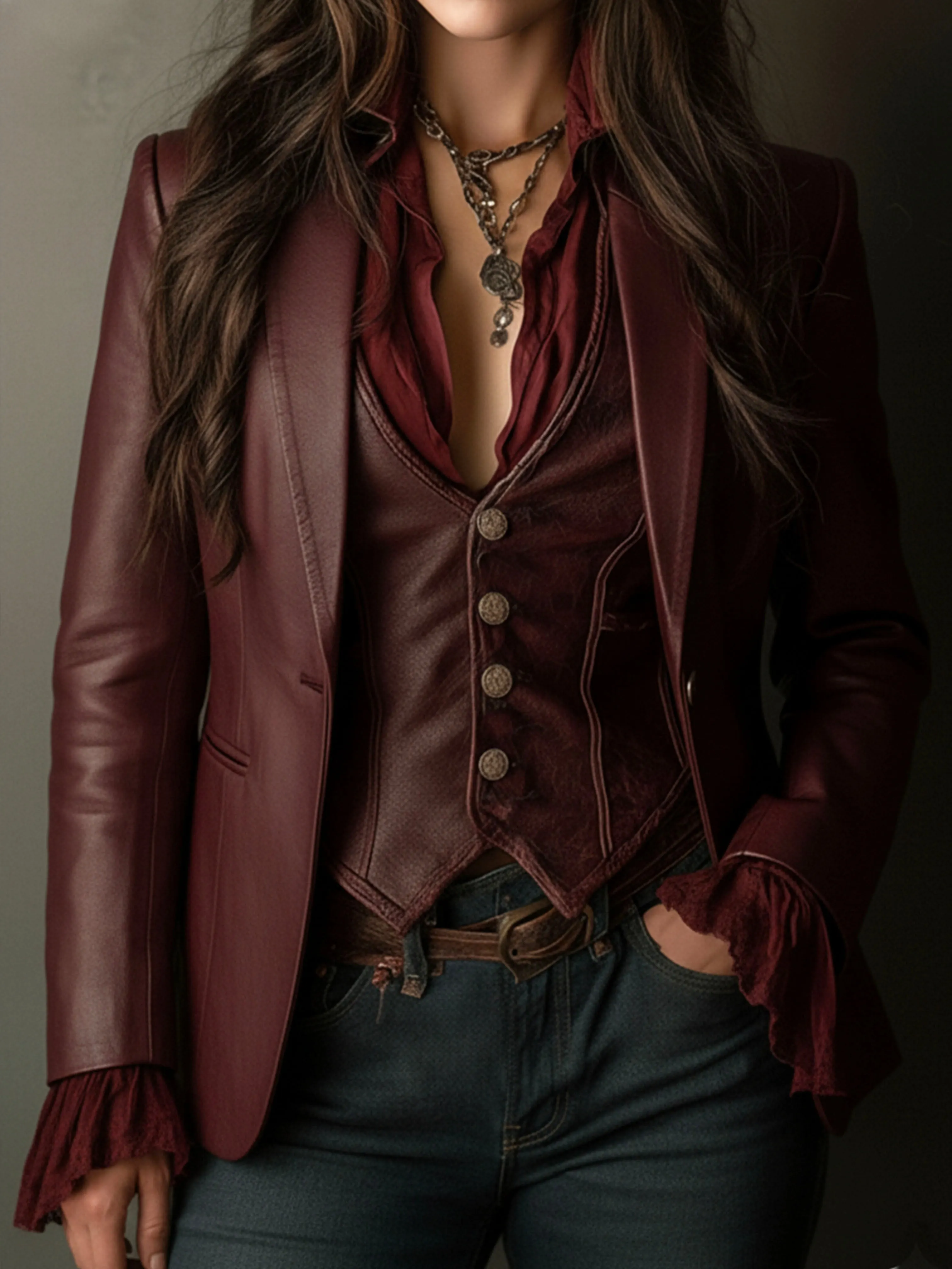 Vintage Burgundy Eco Leather Blazer