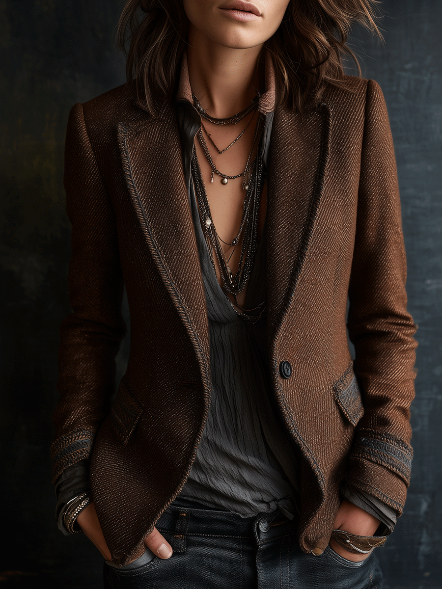 Retro Chic Dark Brownwith Contrast Edge Trim Tailored Blazer