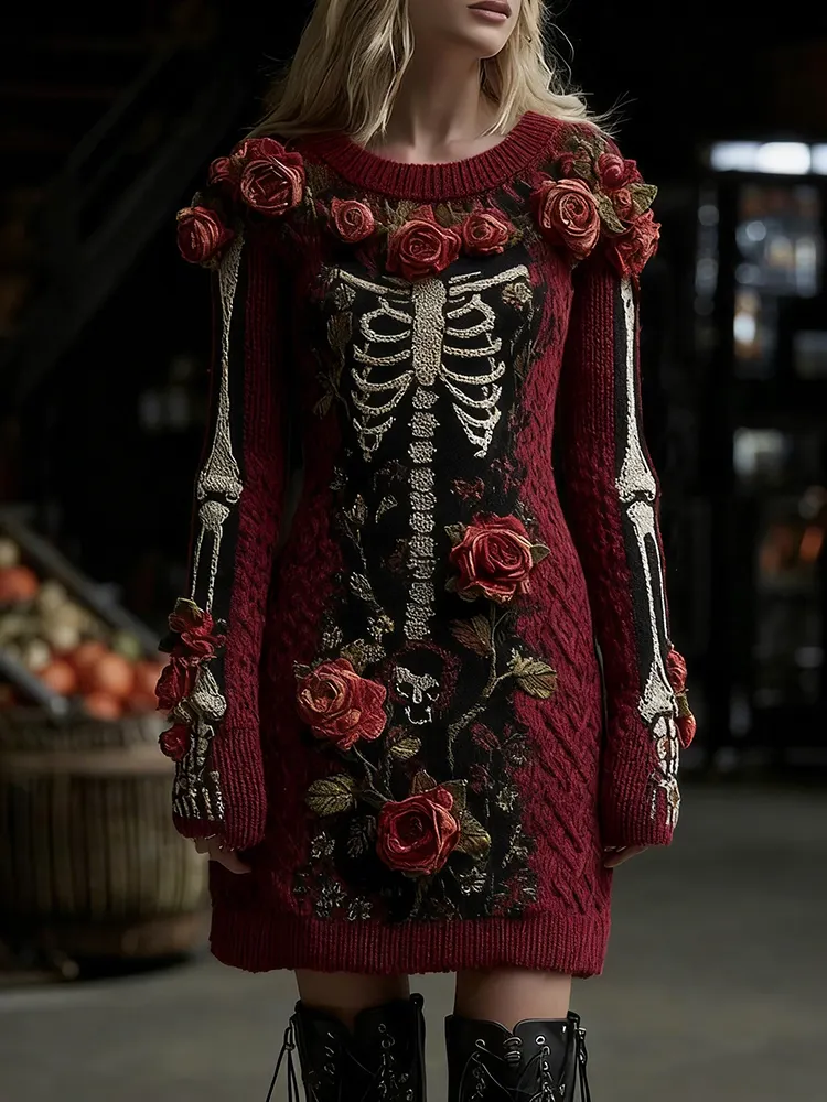 Women's Vintage Halloween Skull With Rose Art Cozy Knit Mini Sweater Dress