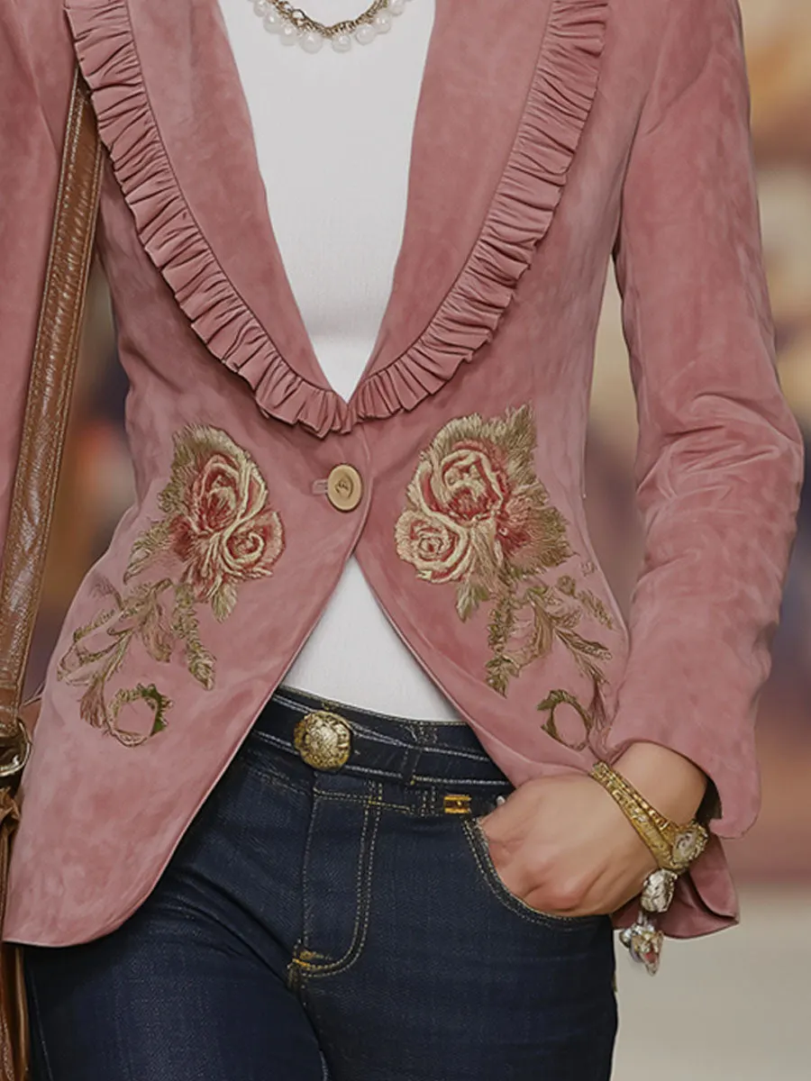 Retro-style Lapel Ruffled Floral Embroidery Faux Suede Blazer