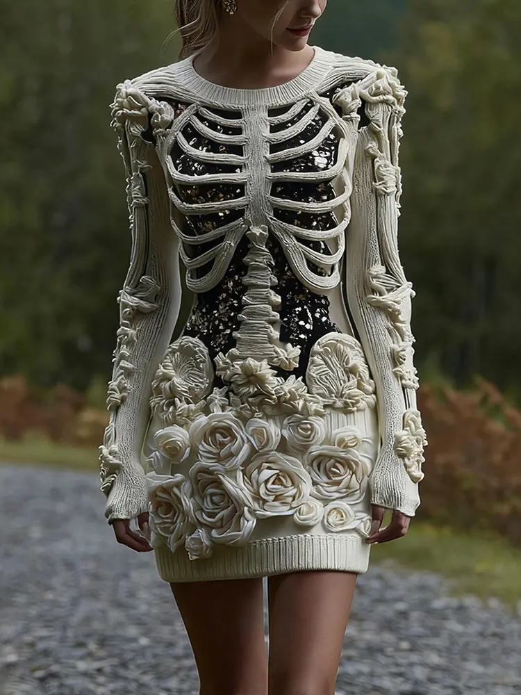 Women's Vintage Halloween Skeleton Bones With Glitter And Rose Art Cozy Knit Mini Sweater Dress