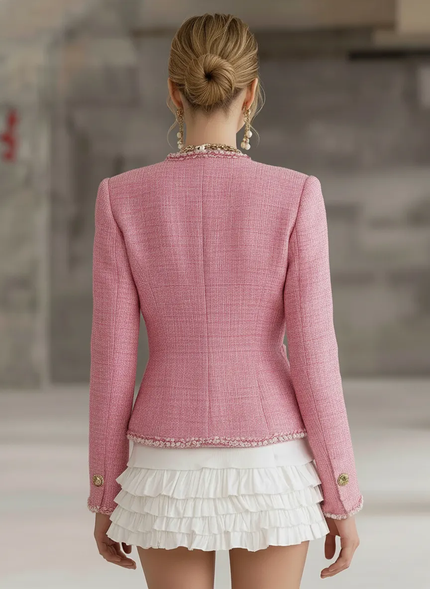 Designer Pink Tweed Patchwork White Trim Button Jacket