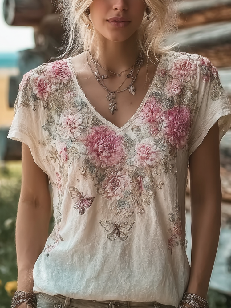 Bohemian Style Floral And Butterfly Pattern Women's T-shirt