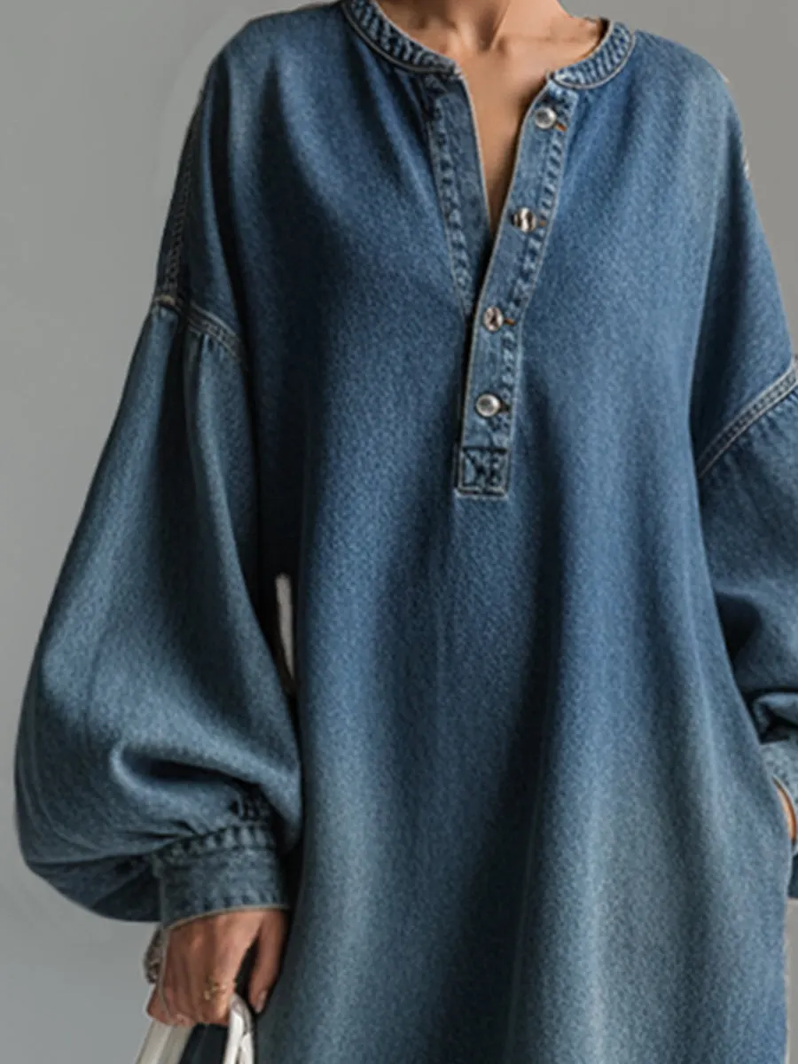 Elegant Urban-style Blue Denim Button-down Maxi Dress