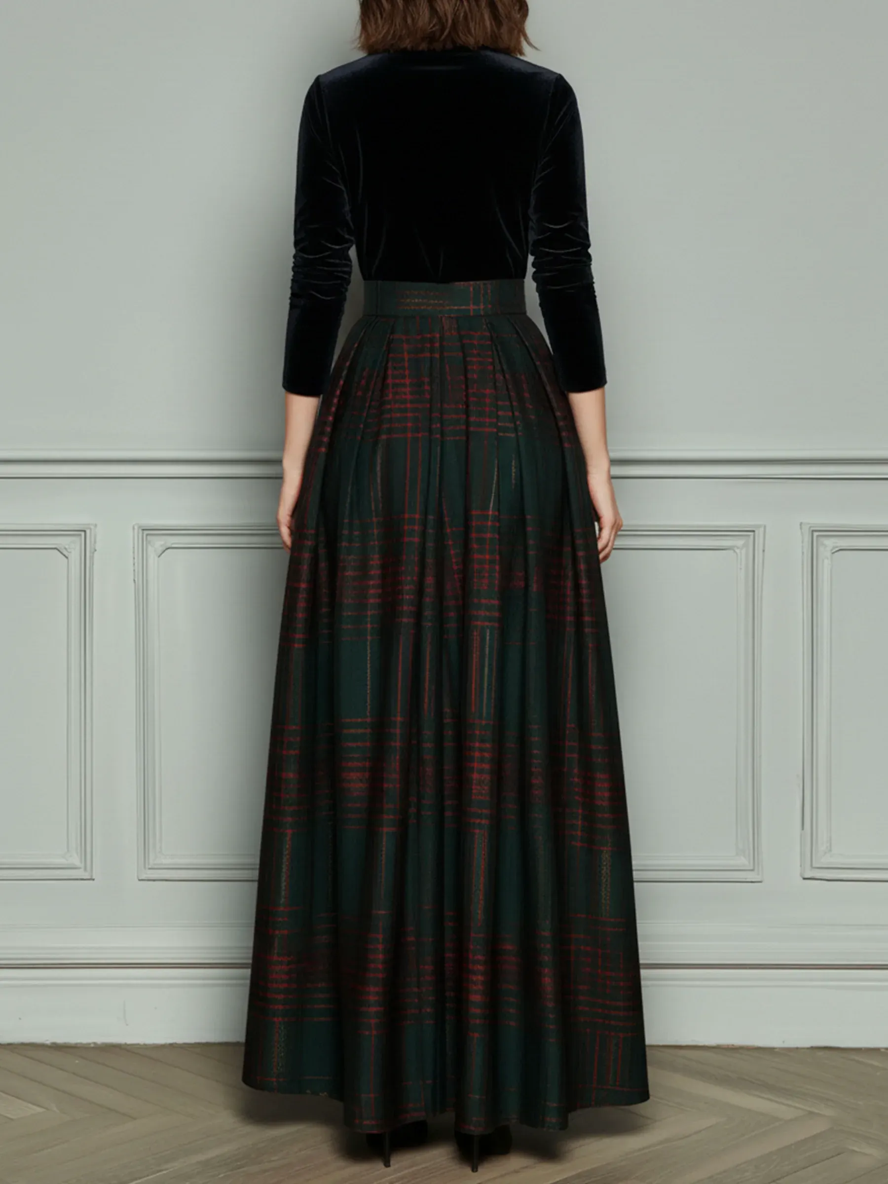 Black V-neck Velvet Green Plaid Patchwork Maxi Dress