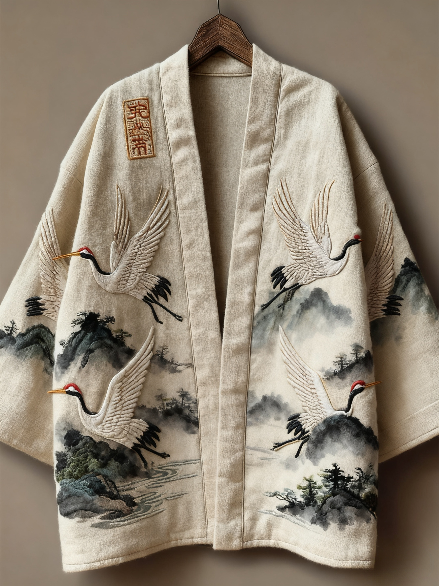 Oriental art landscape painting three-dimensional embroidery linen kimono cardigan