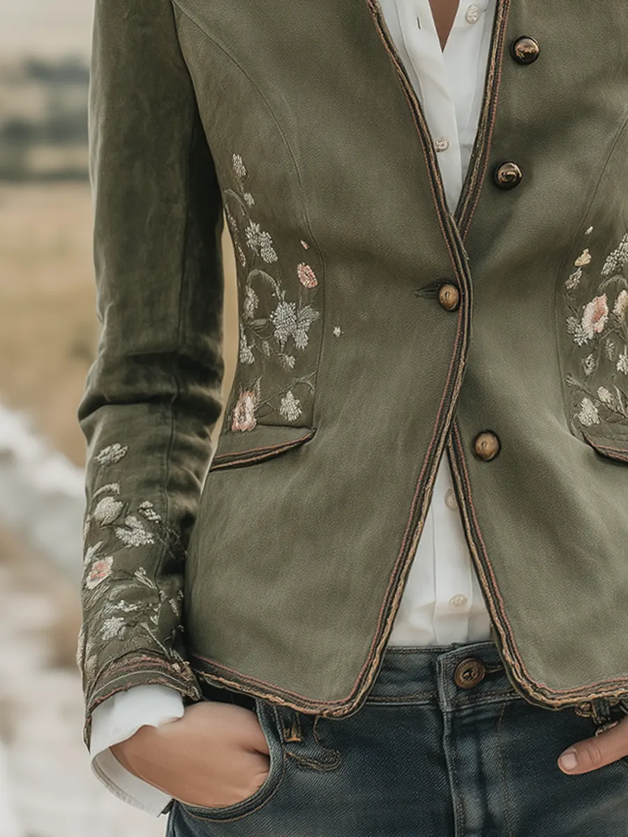 Retro Stand-up Collar Floral Embroidery Contrast Trim Jacket