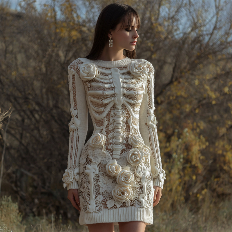 Skeleton White Roses Lace Crochet Cozy Knit Sweater Dress
