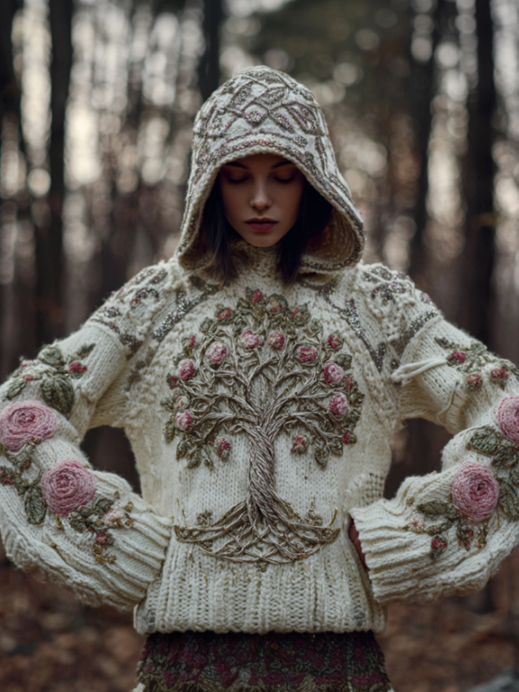 Women's Viking Style Tree Of Life And Rose Retro Warm Hooded Sweater