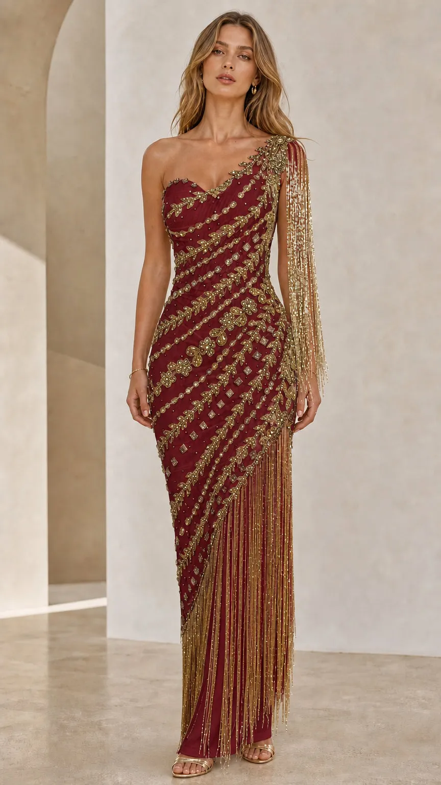 One-Shoulder Fringe Evening Gown