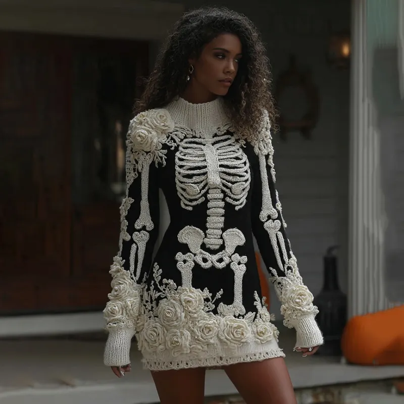 Women's Halloween Skeleton Bones Leather With Rose Cozy Knit Mini Sweater Dress