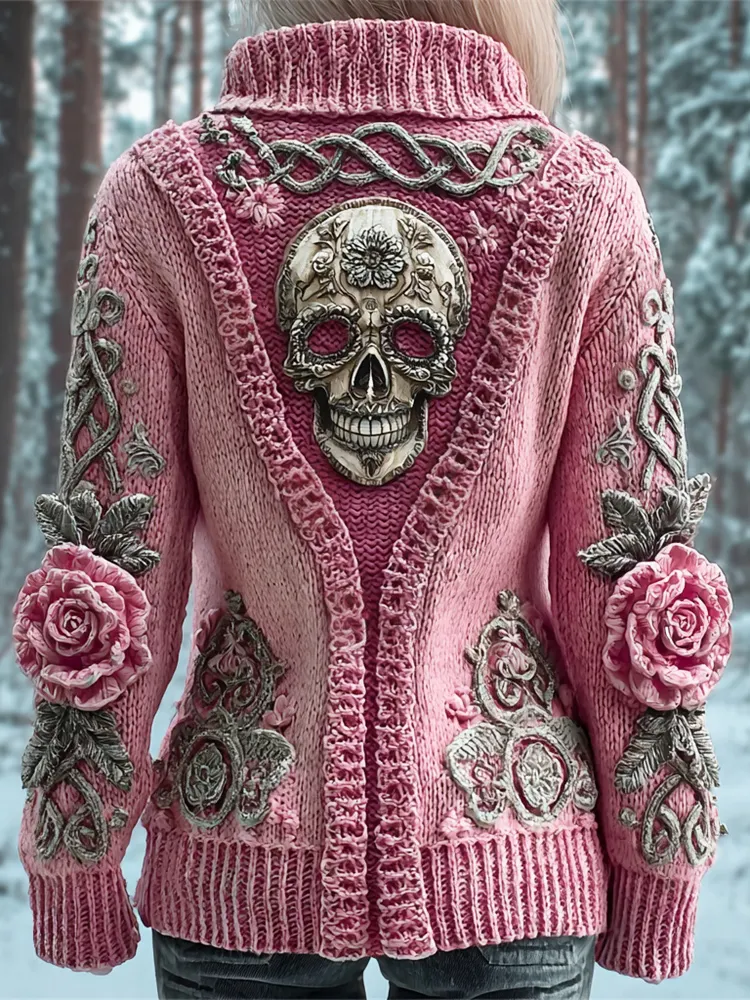 Metal Skull & 3d Floral Viking Art Women's Chunky Knit Stand Collar Zipper Sweater