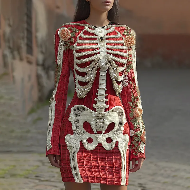Women's Vintage Halloween Skeleton Bones With Rose Art Cozy Knit Mini Sweater Dress