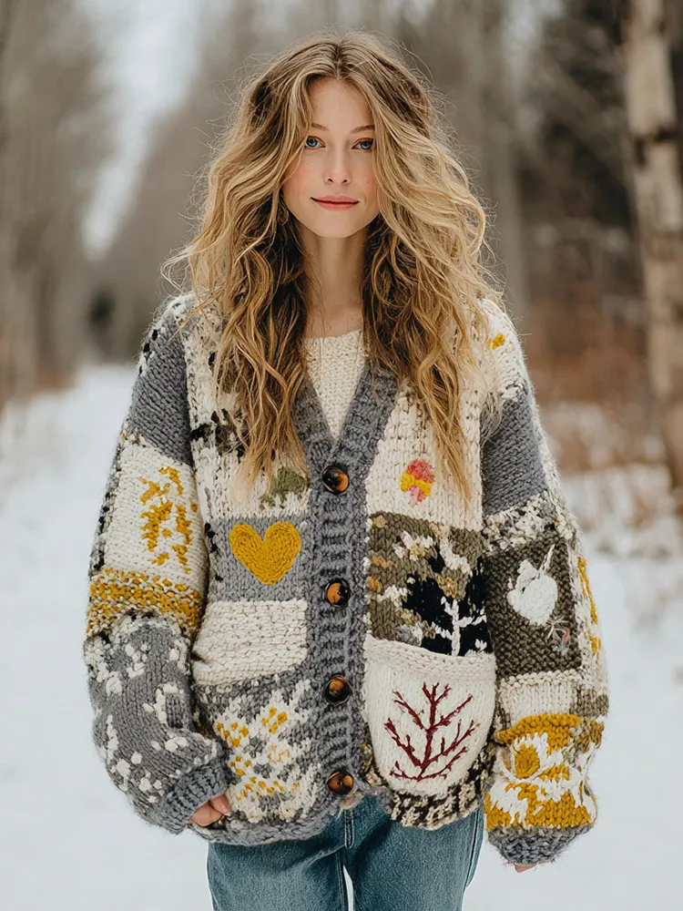 Women's Flower Tree Heart Patchwork Button-detailed Warm Cardigan Sweater