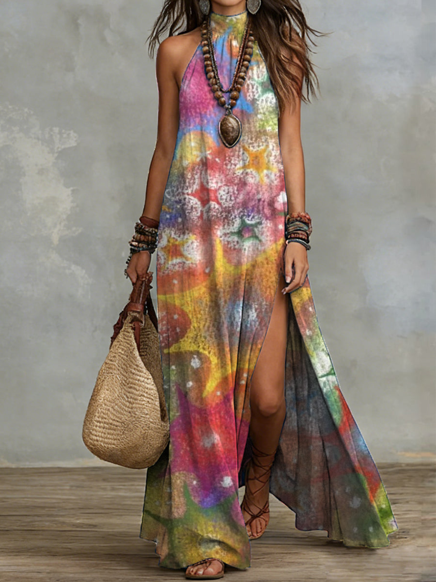 Tie-Dye Print Halter Side-Slit Maxi Dress