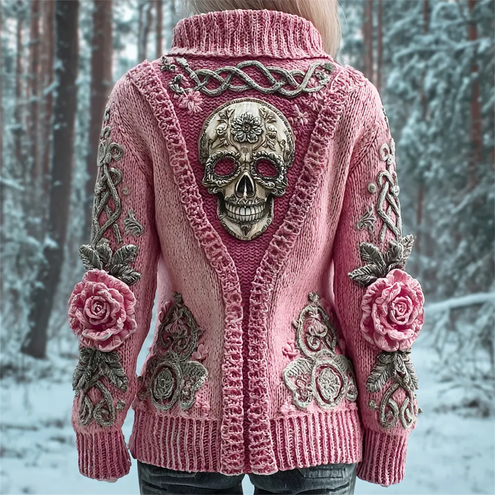 Metal Skull & 3d Floral Viking Art Women's Chunky Knit Stand Collar Zipper Sweater