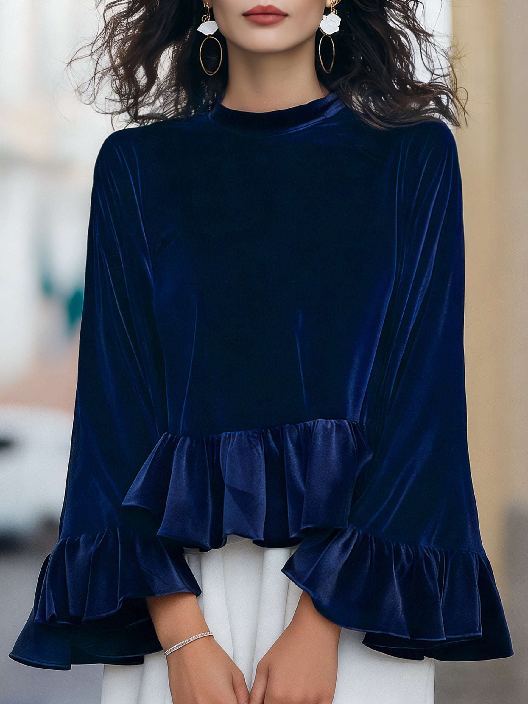 Round Neck Velvet Ruffle-Trim Blouse
