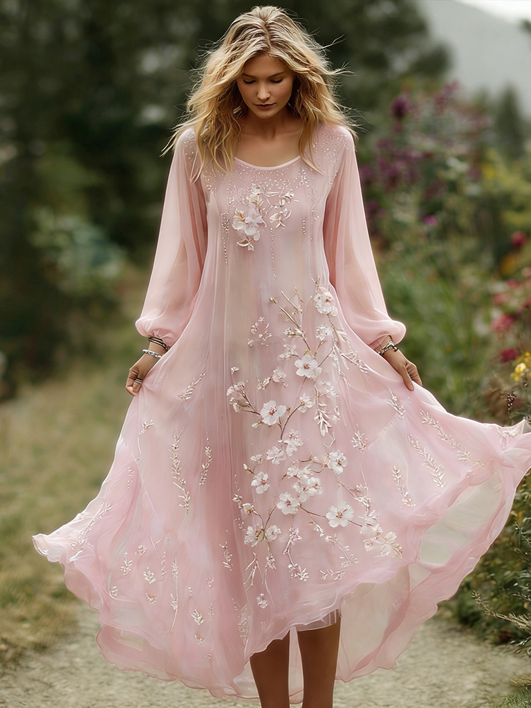 Women's Bohemian Cherry Blossom Pattern Casual Round Neck Long Sleeve Dress