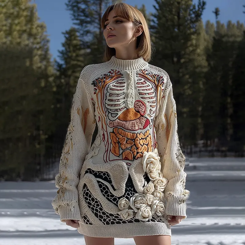 Women's Vintage Halloween Anatomy Art Cozy Knit Mini Sweater Dress