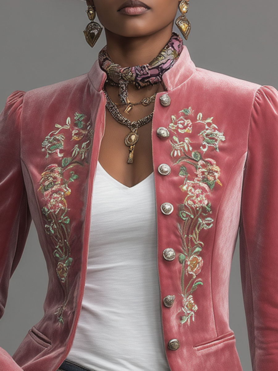 Western-style Stand-up Collar Single-breasted Floral Embroidered Velvet Jacket