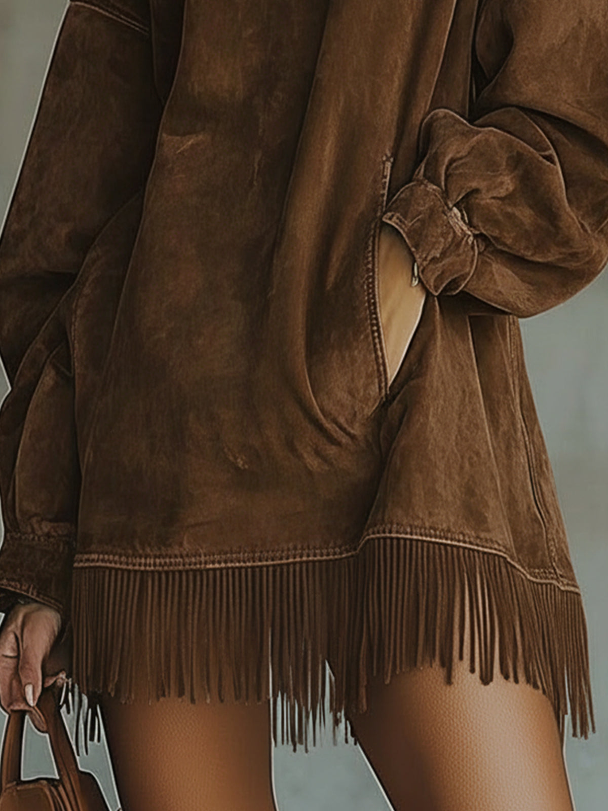 Brown Faux Suede Turtleneck Oversized Dress With Fringe Detail