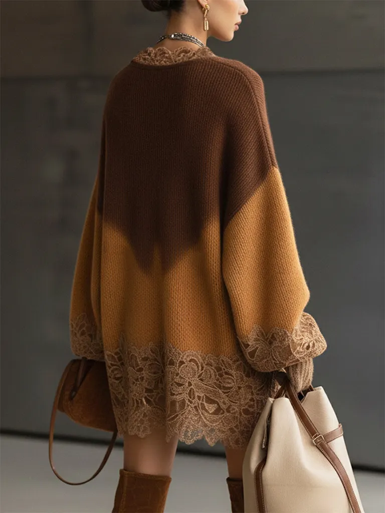 Brown Ombre Knit Lace Oversized Long Sleeve Mini Dress
