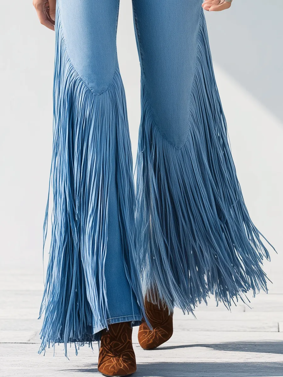 Trendy Retro Tassel Flared Jeans