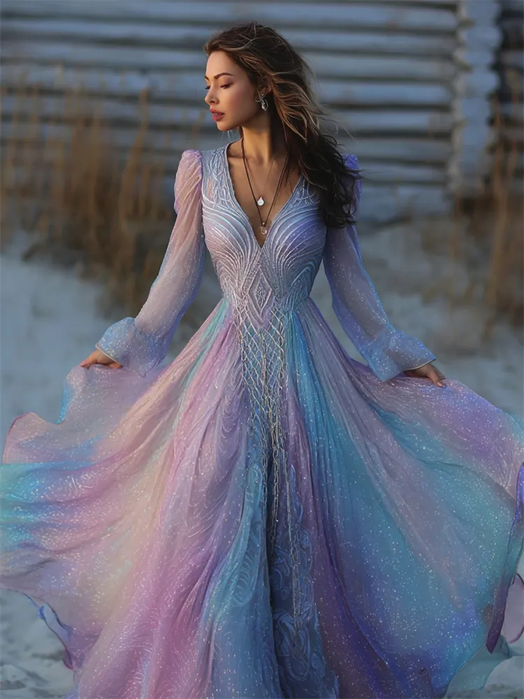 Vintage Elegant Opal Glitter Gradient Celtic Flowy Maxi Dress
