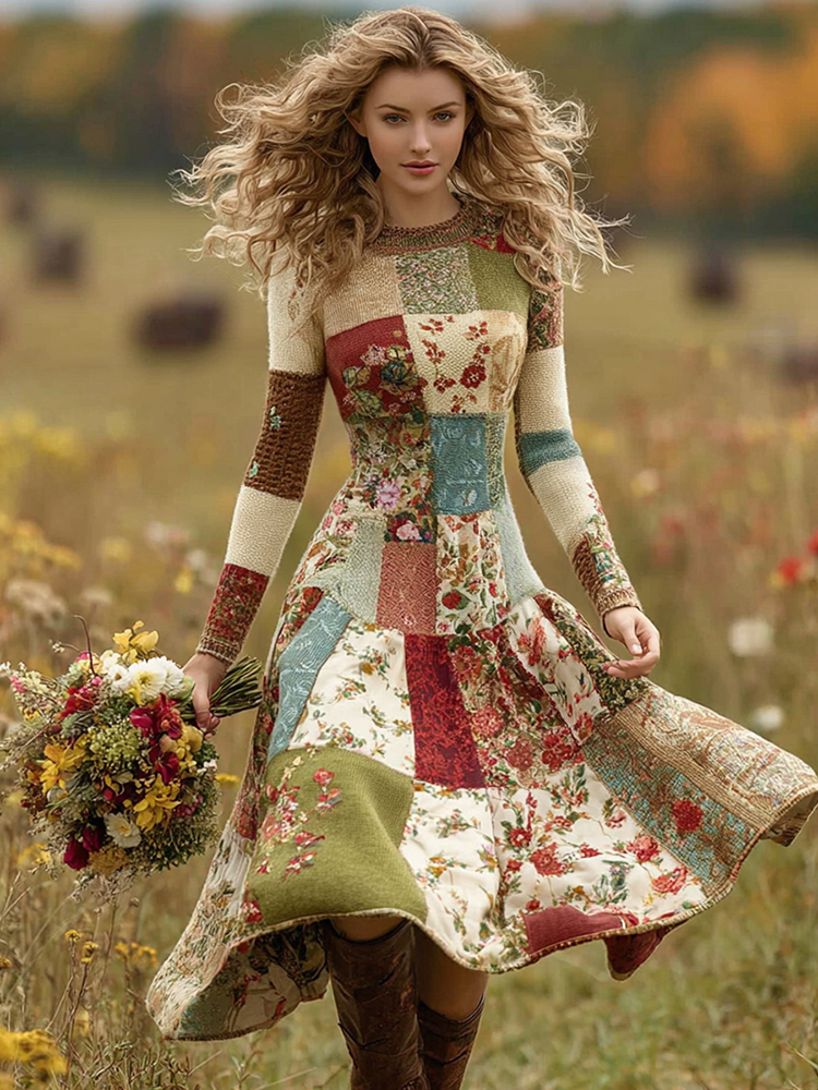 Women's Patchwork Floral Art Cozy Knit Maxi Sweater Dress