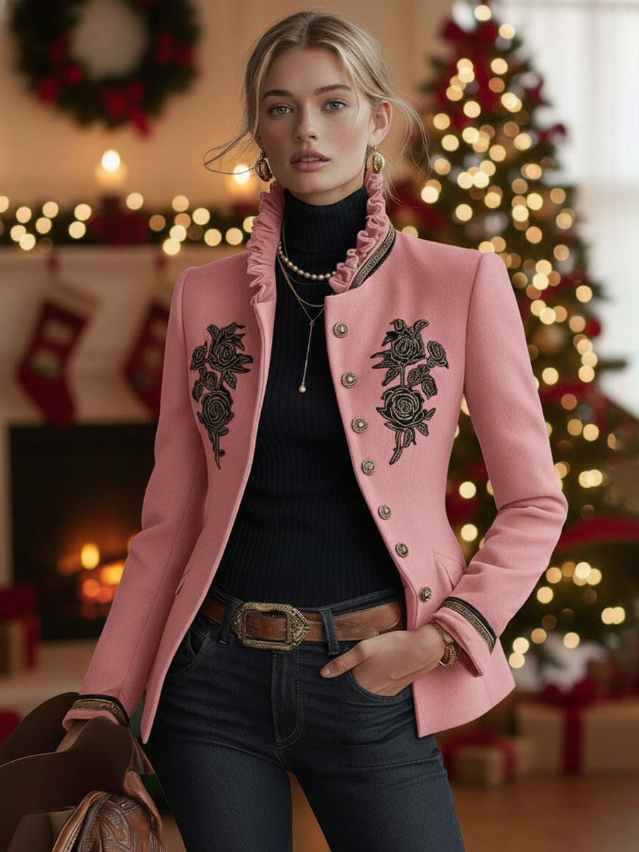 Ruffled Stand-up Collar Single-breasted Rose Embroidered Woolen Jacket