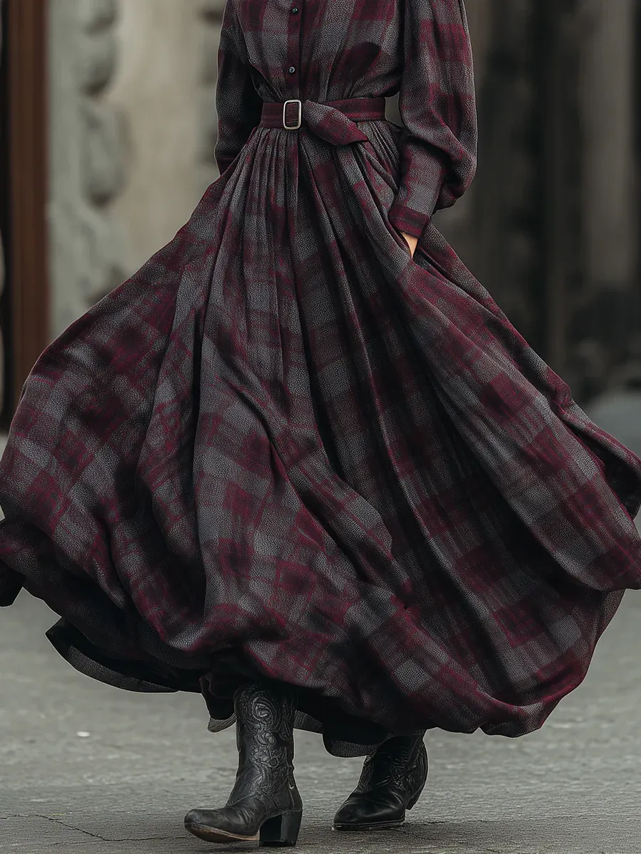 Elegant Purple Plaid Print Lantern Sleeve Shirt Maxi Dress (With Belt)