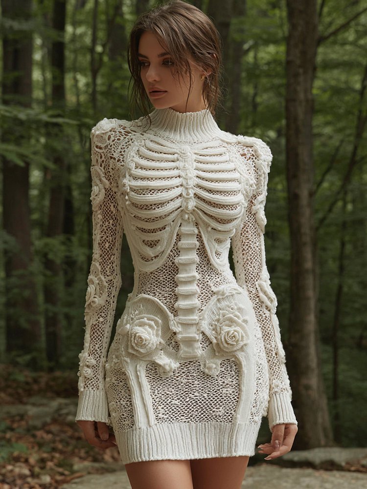 Women's Vintage Halloween Skeleton Bones Comfortable Elegant Sweater Dress