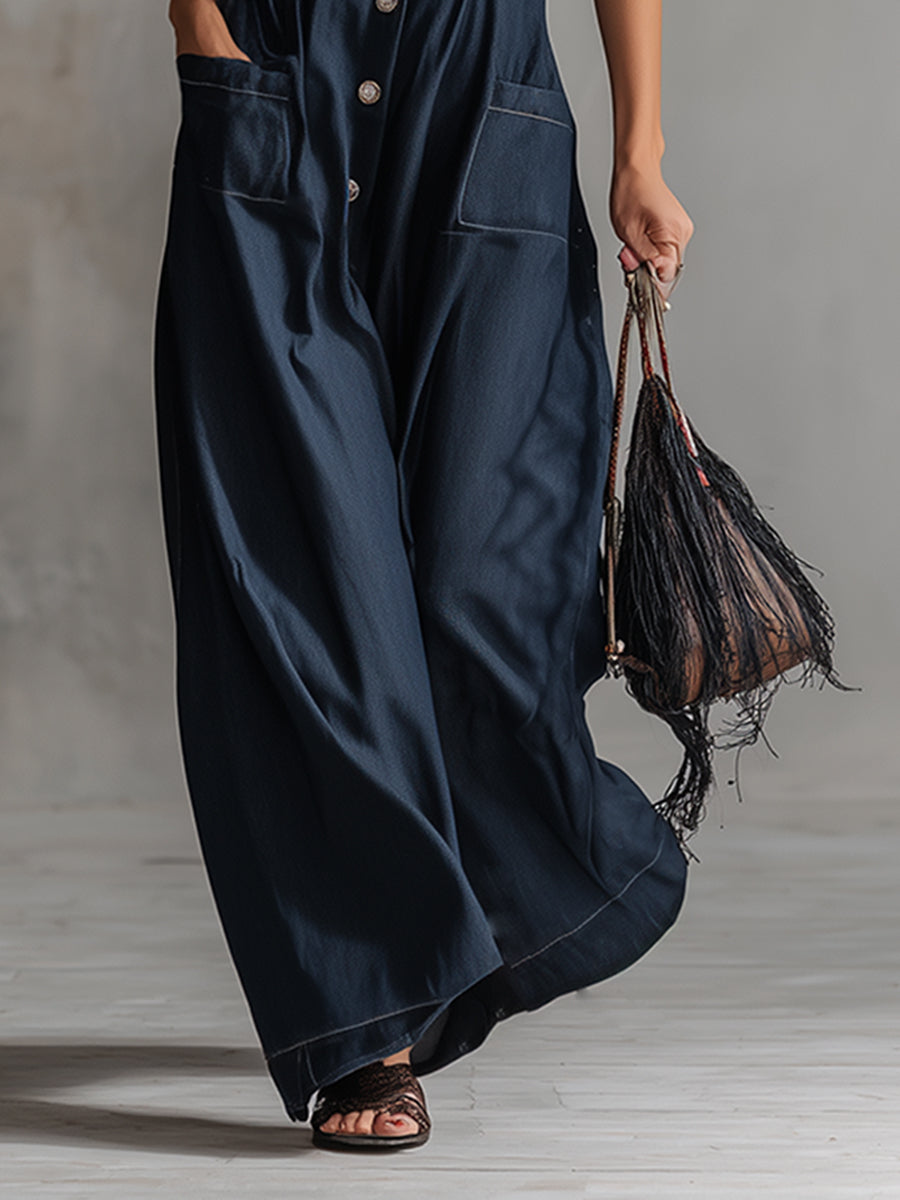 Elegant Urban Navy Blue Tencel Denim Sleeveless Maxi Dress