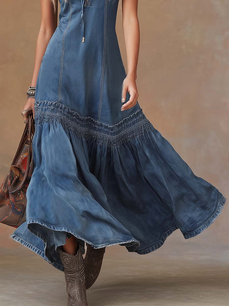 Elegant, Vintage Western Tie-neck Sleeveless Bubble Hem Blue Denim Maxi Dress