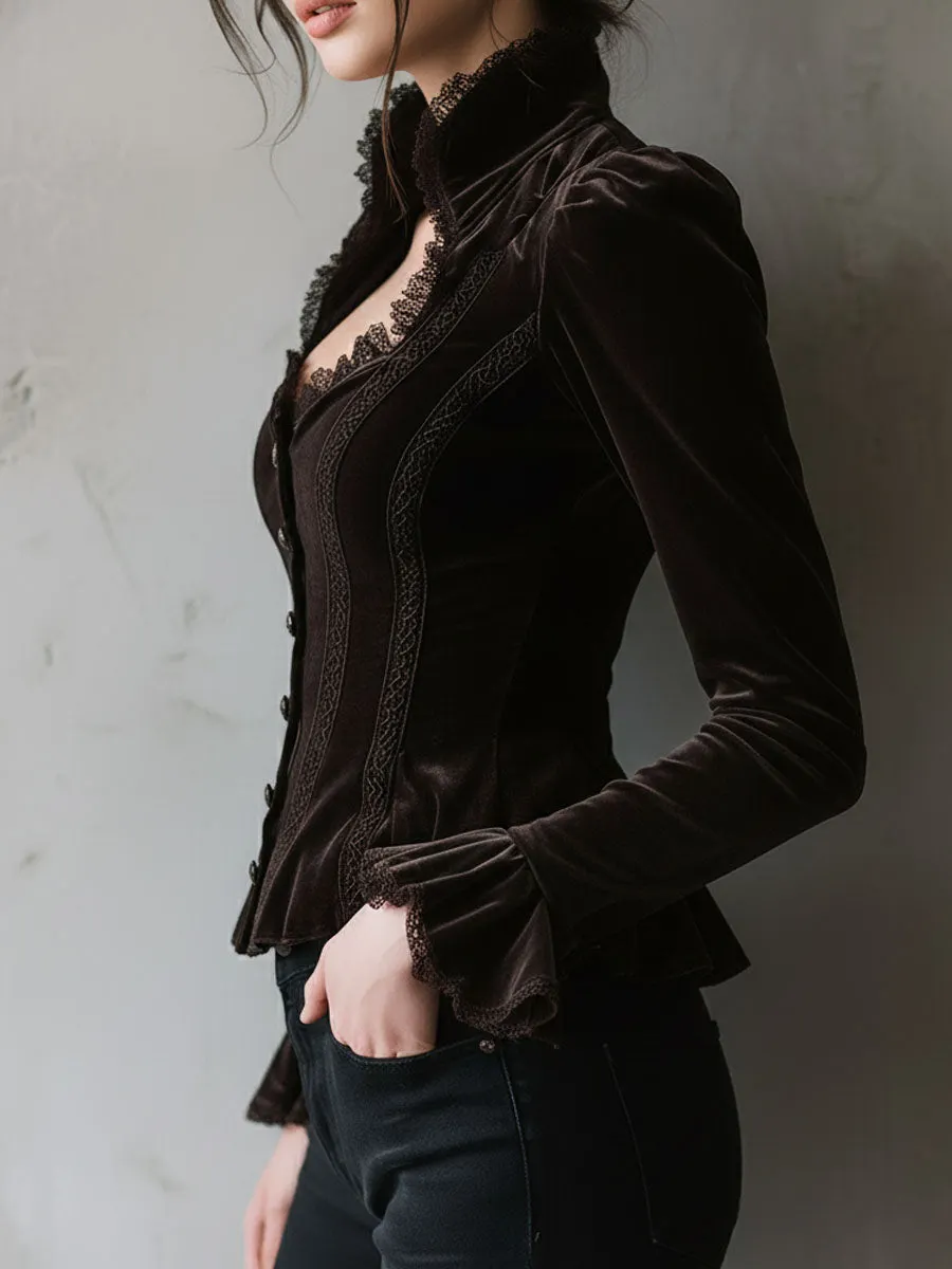 Retro Chocolate Velvet Corset Blouse With Lace Trim