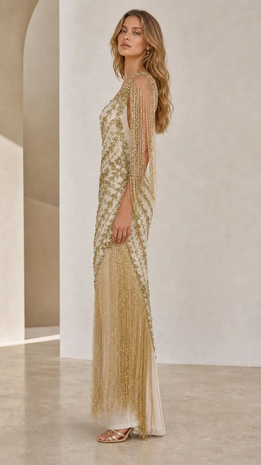 One-Shoulder Fringe Evening Gown