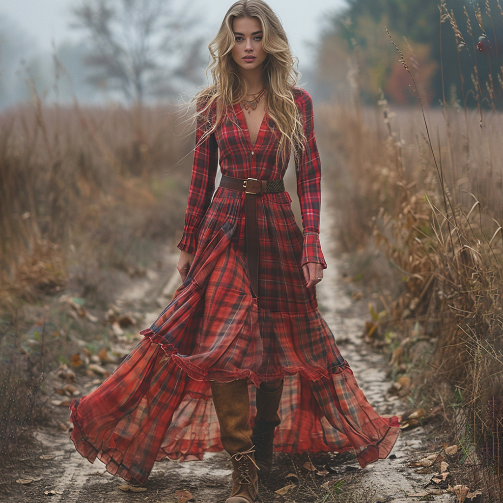 Vintage V-neck Bohemian Pastoral Style Long-sleeve Maxi Dress
