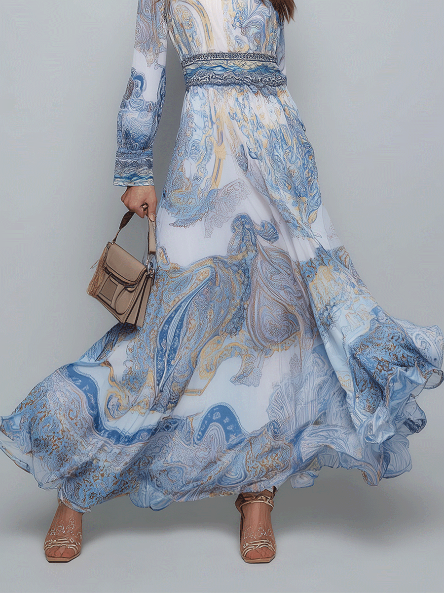 Bohemian Elegant Soft Blue Paisley Maxi Dress