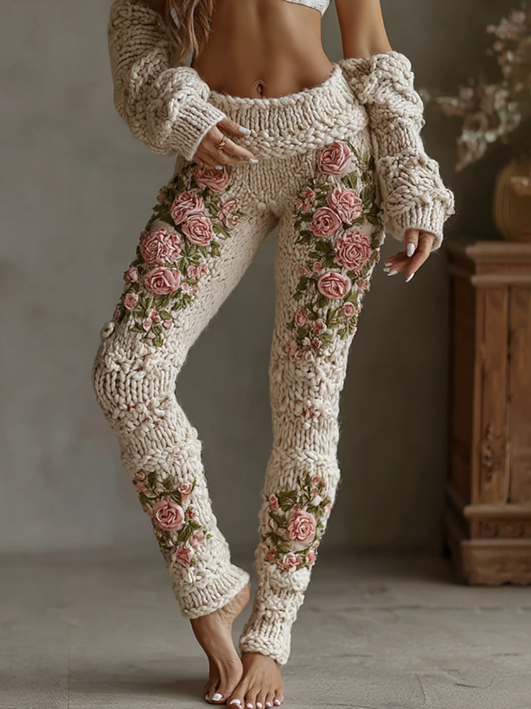 Women's Vintage Rose Floral Art Cozy Knit Leggings