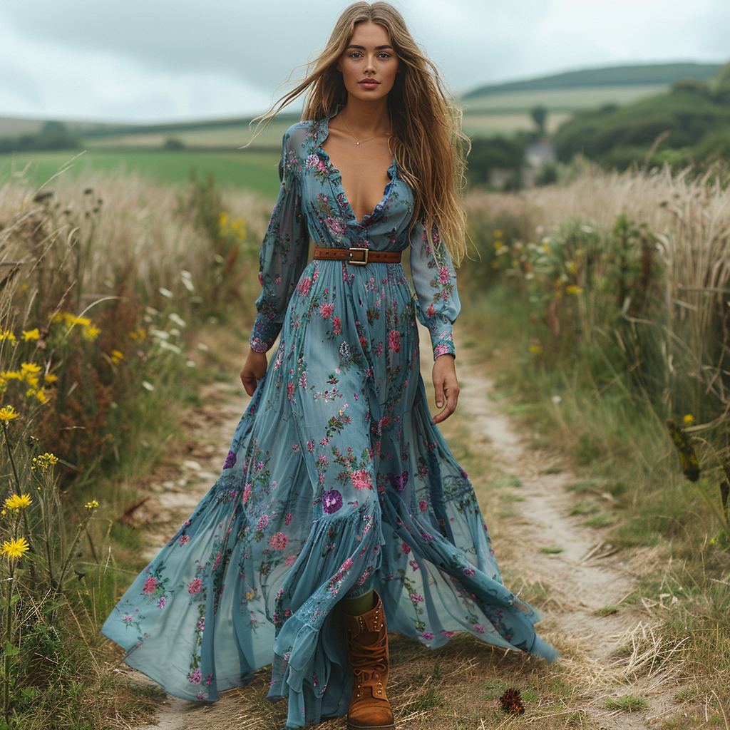 Vintage Country Pastoral Linen Style Long-sleeve Maxi Dress