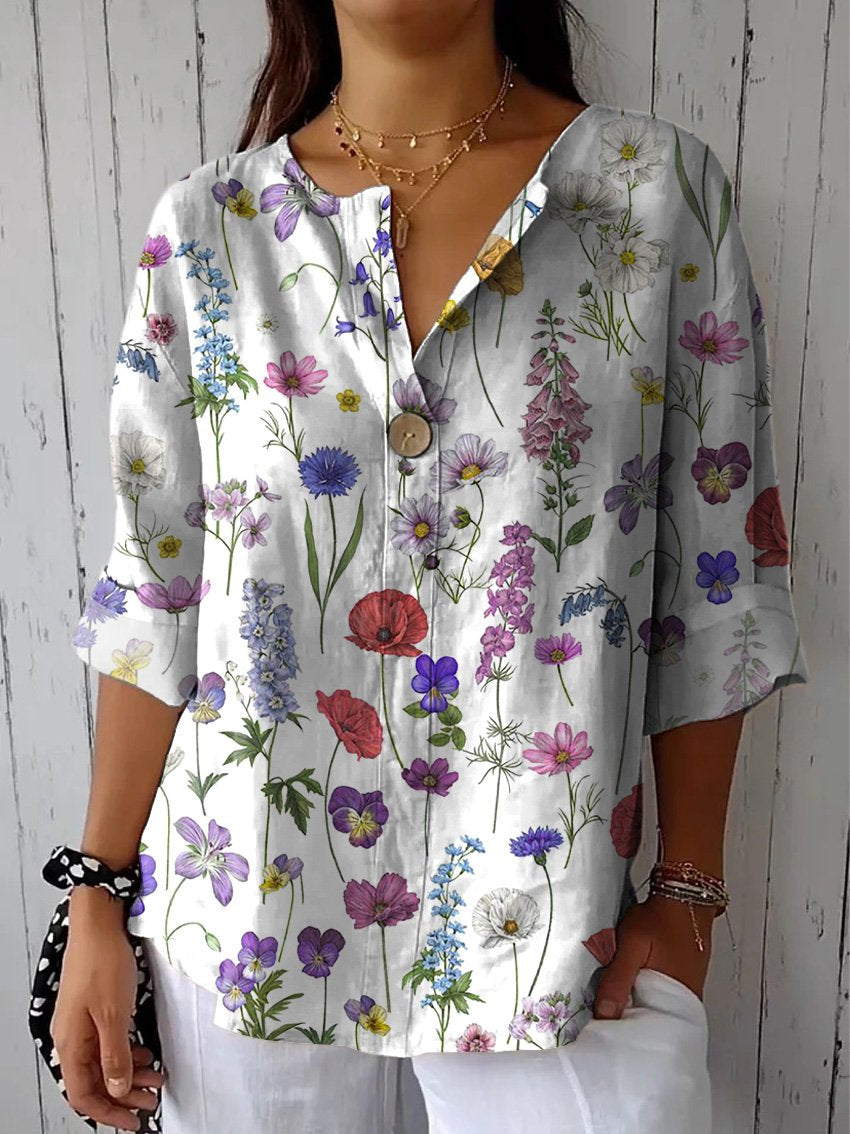 Spring Botanical Garden Pattern Printed Women's Casual Cotton Linen Shirt