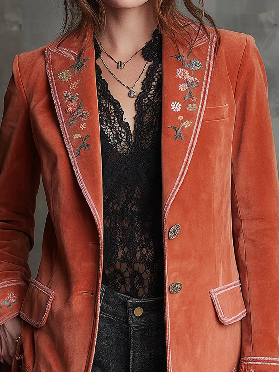 Bohemian Floral Embroidered Hemmed Suede Blazer