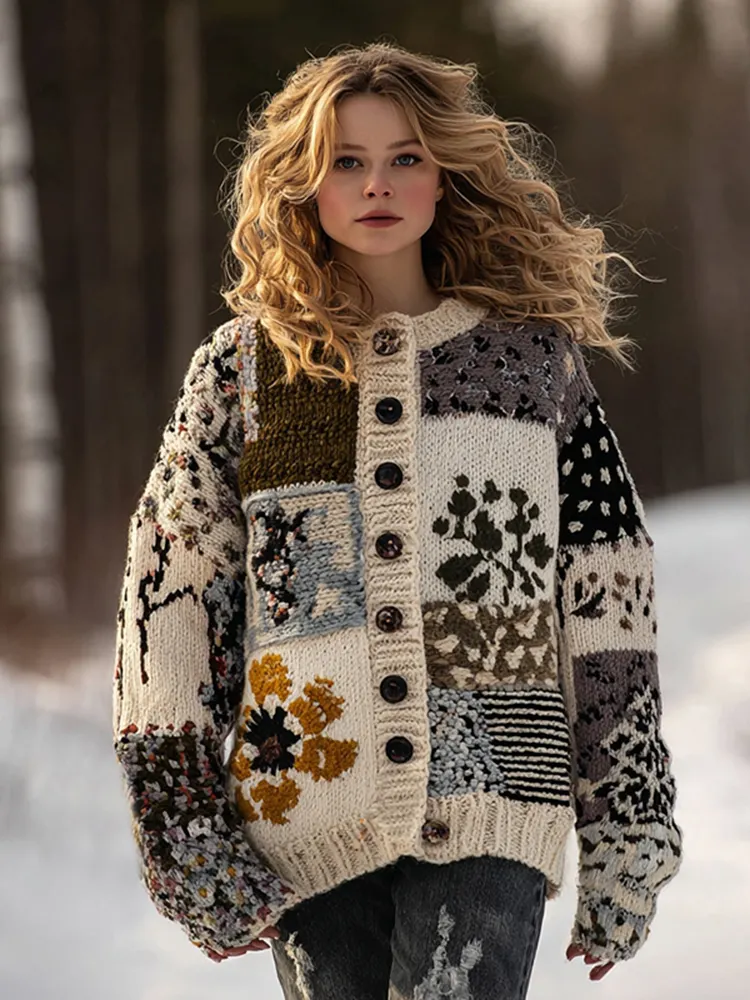 Women's Patchwork Floral Heart Button Warm Cardigan Sweater