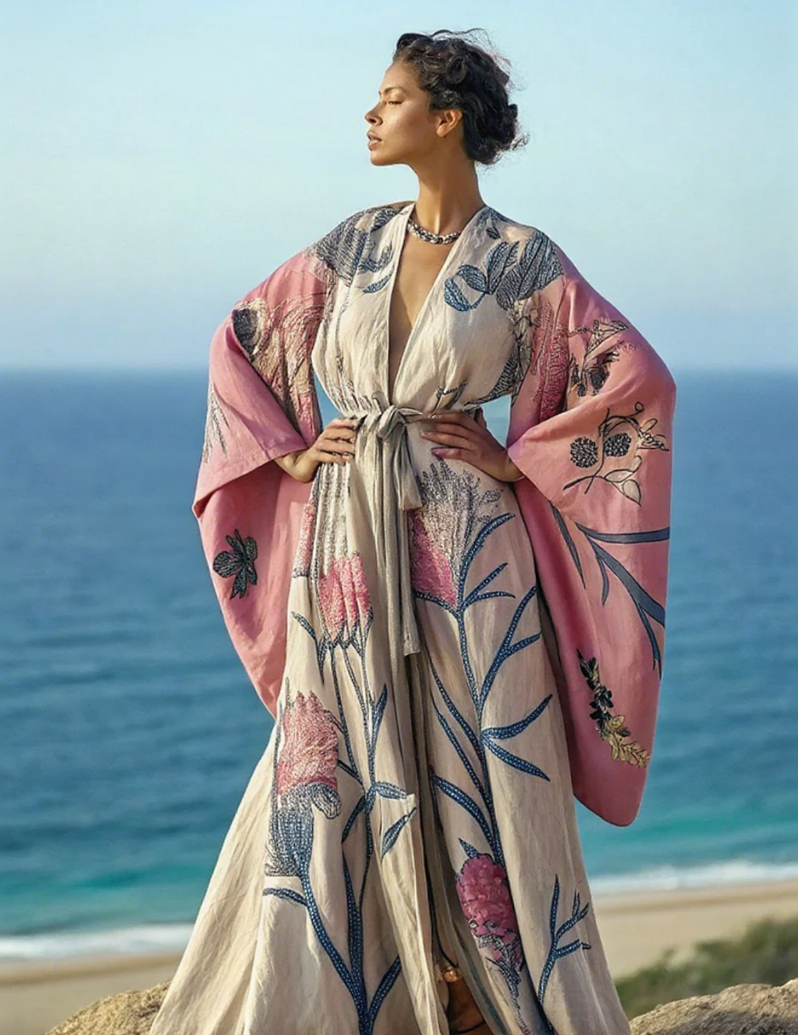 Artistic floral seaside resort pattern kimono robe (with belt)
