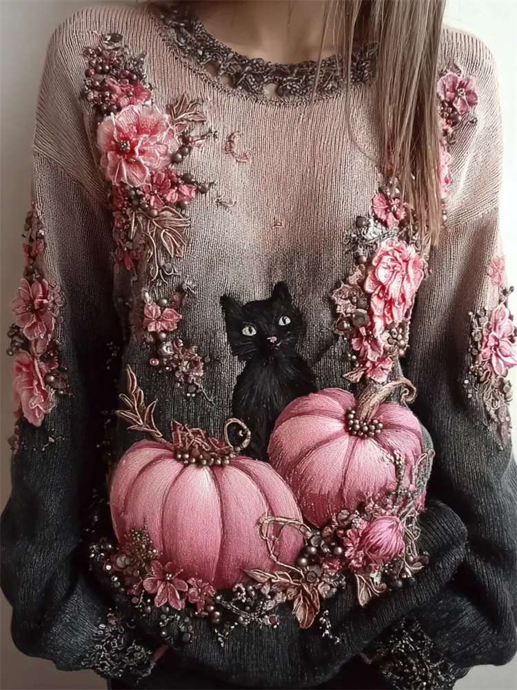 Black Cat & Pink Pumpkins Floral Gradient Knit Sweater